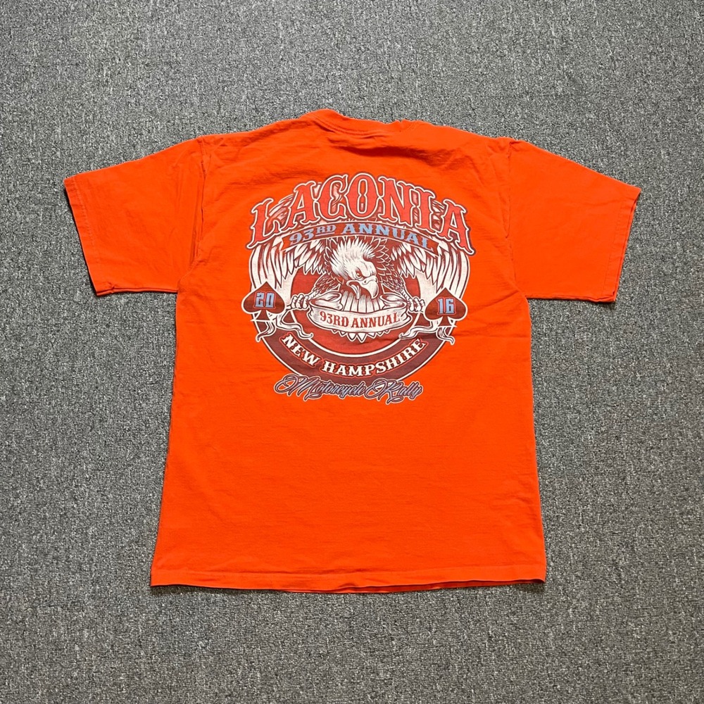Laconia Motorcycle‎ Rally T-Shirt Mens Large Orange 93rd Annual NH 2016 Graphic